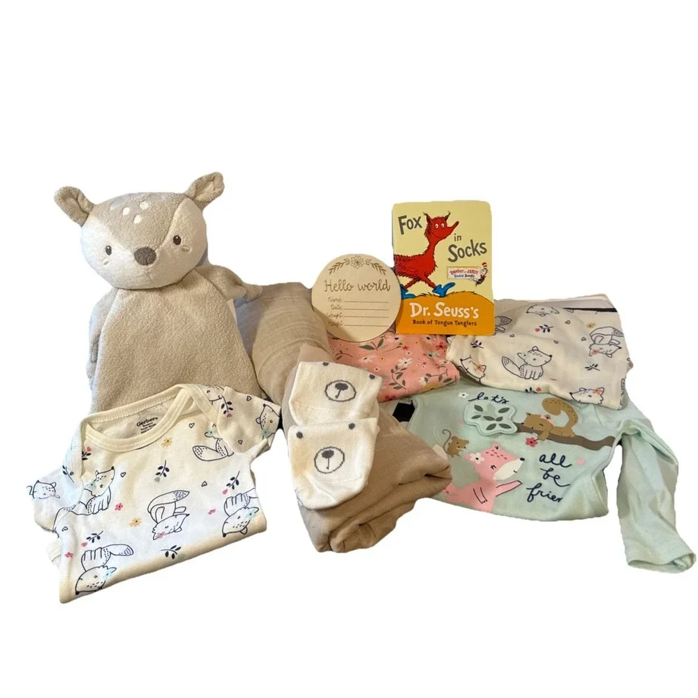Gift Ready Fox Themed Baby Girl Shower Basket, Fox Book, Lovey, Clothes, Blanket